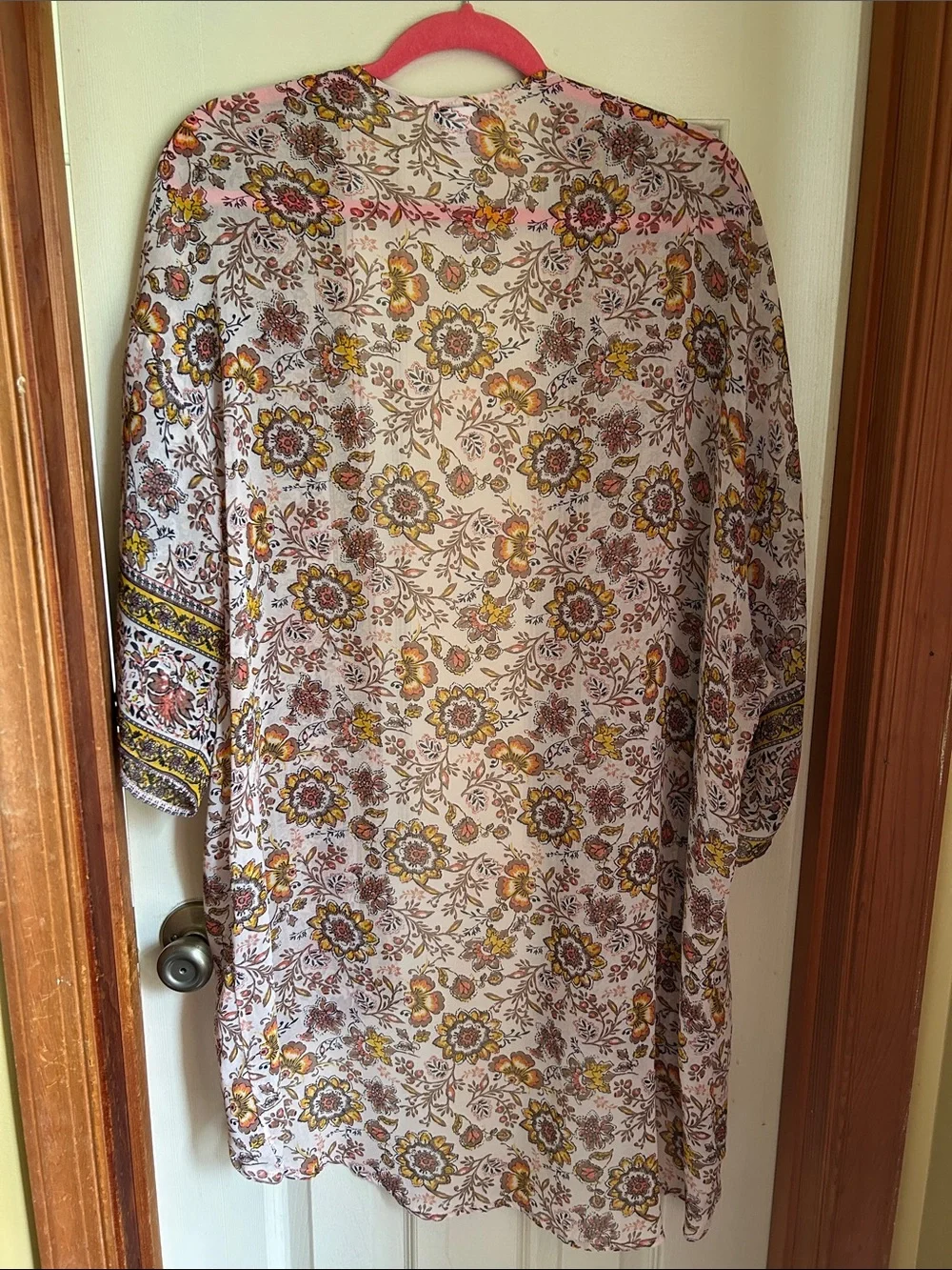 Open-Front Paisley Floral Kimono Tunic - Cream & Yellow
